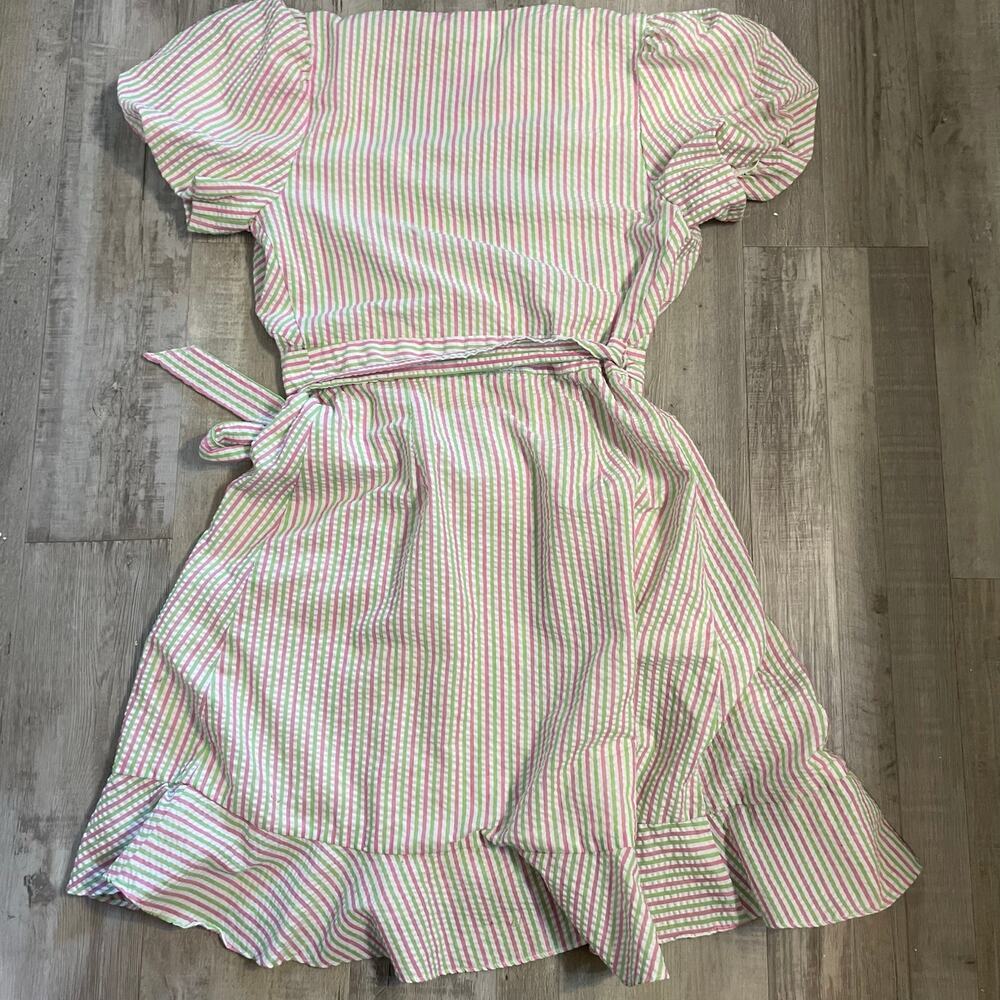 DRAPER JAMES RSVP Puff Sleeve Wrap Dress Ruffled Seersucker Striped Sz medium - Picture 16 of 16